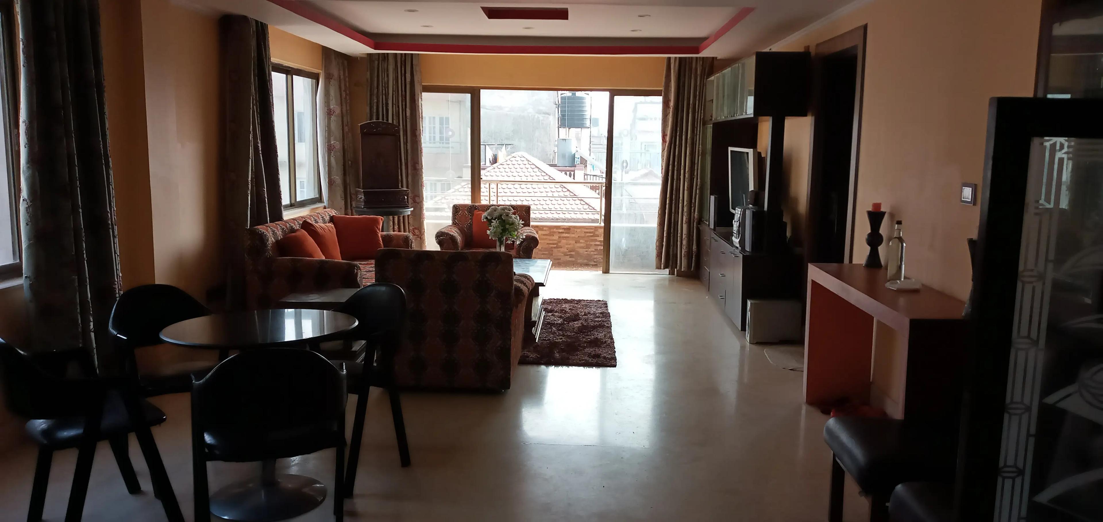 Furnished 2BHK, ~2000 sq. feet, 1 Kitchen, 1 living room, Dining area, 2 bedrooms with walk in closets and attached washrooms, 1 common washroom, 2 balcony areas, Parking area available.-image-3