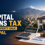 Capital Gains Tax on Property Sale in Nepal blog cover featuring a modern house, calculator, coins, and financial documents explaining how to calculate capital gains tax on property sales in Nepal.