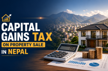 Capital Gains Tax on Property Sale in Nepal blog cover featuring a modern house, calculator, coins, and financial documents explaining how to calculate capital gains tax on property sales in Nepal.