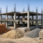 House construction site in Nepal featuring a reinforced concrete building under construction with exposed columns, bricks, sand, gravel, and cement bags for home construction cost planning.