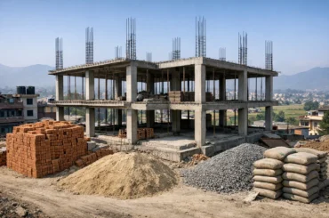 House construction site in Nepal featuring a reinforced concrete building under construction with exposed columns, bricks, sand, gravel, and cement bags for home construction cost planning.
