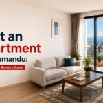 Modern apartment living room in Kathmandu with city view, illustrating a complete renter's guide for finding and renting an apartment in Kathmandu, Nepal (2026).