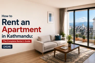 Modern apartment living room in Kathmandu with city view, illustrating a complete renter's guide for finding and renting an apartment in Kathmandu, Nepal (2026).