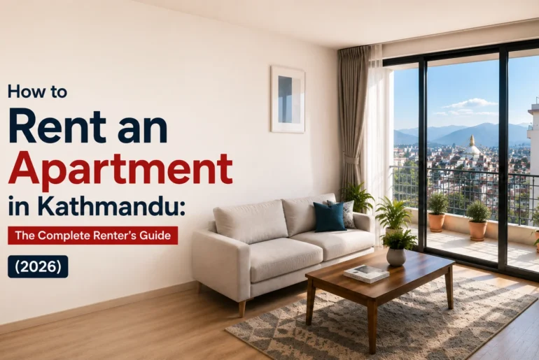 Modern apartment living room in Kathmandu with city view, illustrating a complete renter's guide for finding and renting an apartment in Kathmandu, Nepal (2026).